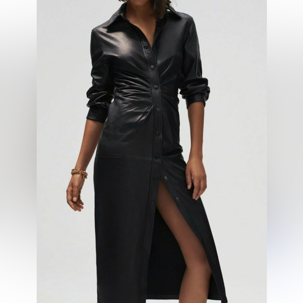Zara Black Faux Leather Button-Down Midi Shirt Dress, Sz Med - Like New! Holiday - Picture 5 of 8